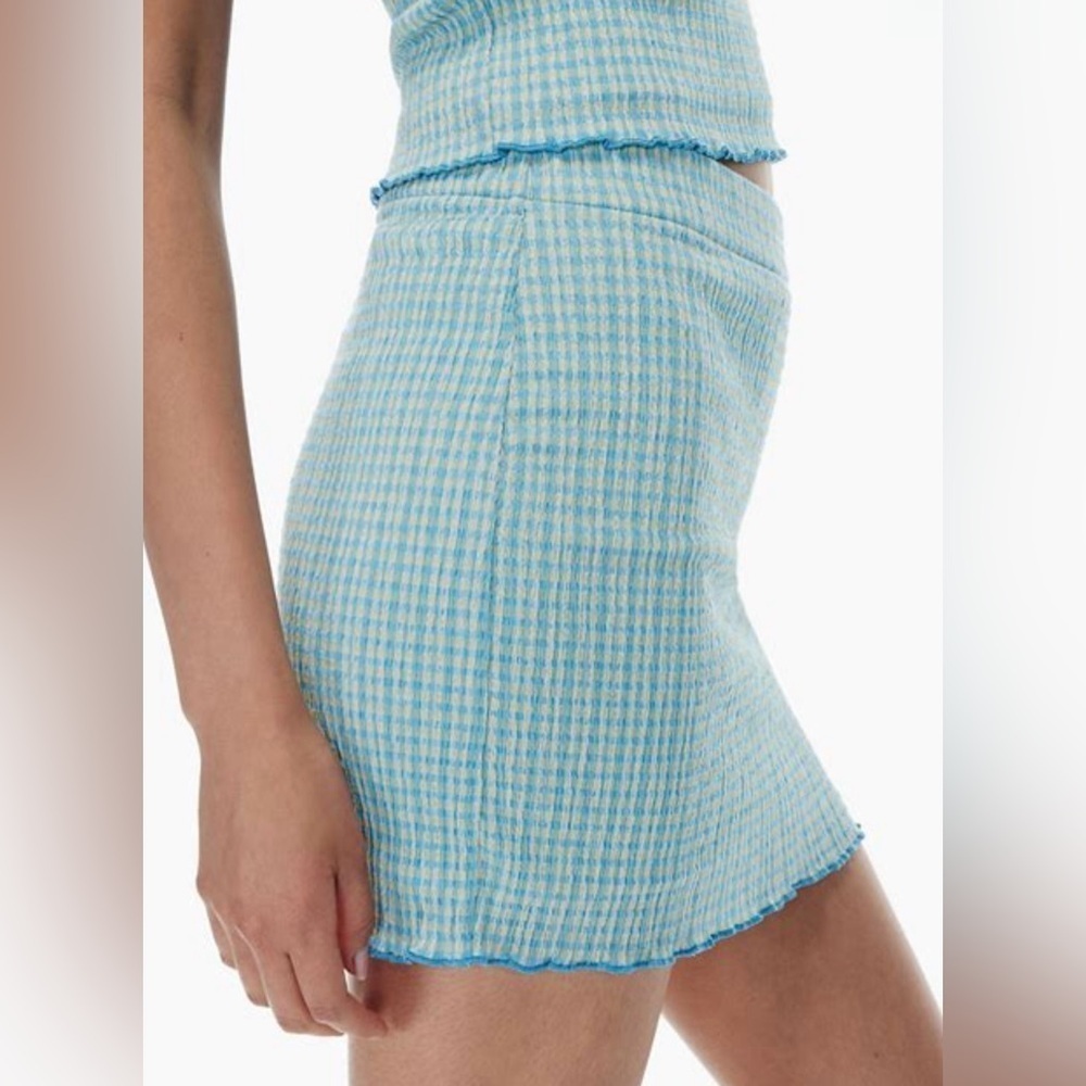 ARITZIA Wilfred Reunion Mini Tube Skirt Blue Green Plaid Seersucker Size Large